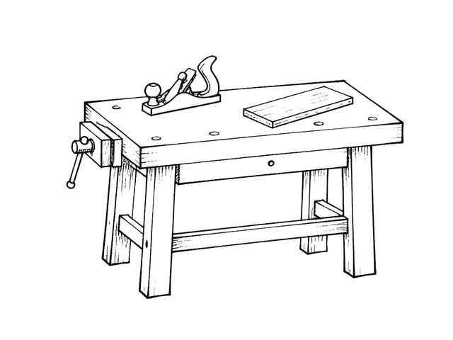 A hand-drawn woodworker's bench with a plane and timber board