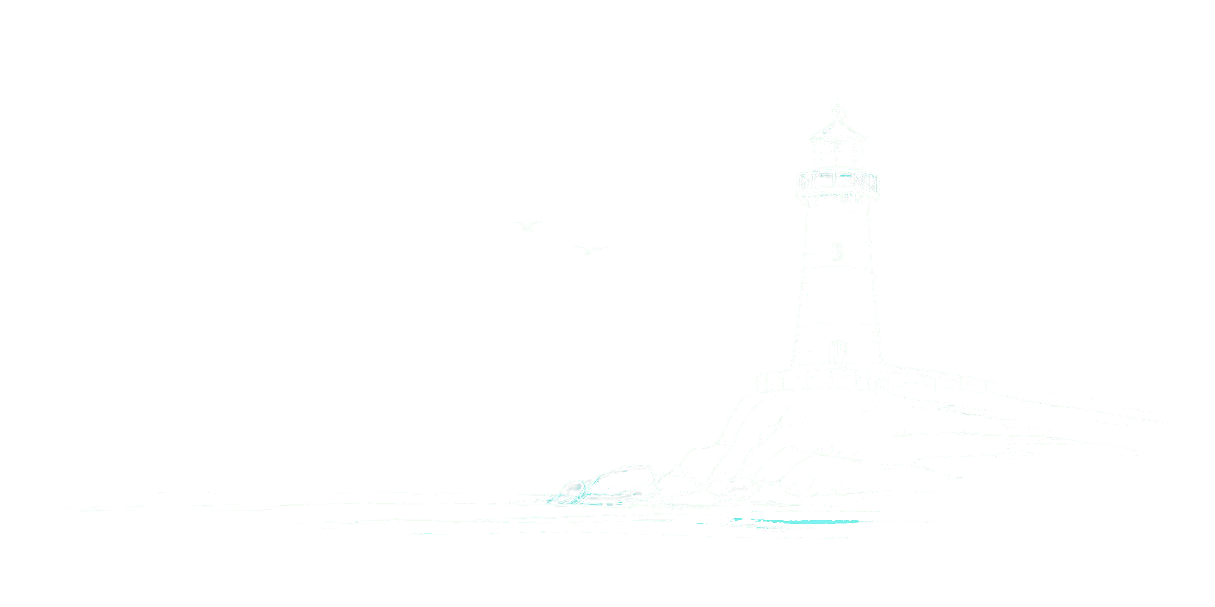 A solitary lighthouse on a rocky island with calm ocean and two birds